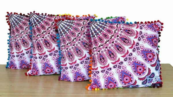 Mandala Square Pillowcase 16x16" Handmade Cotton Pom Pom Cushion Covers Sofa bed