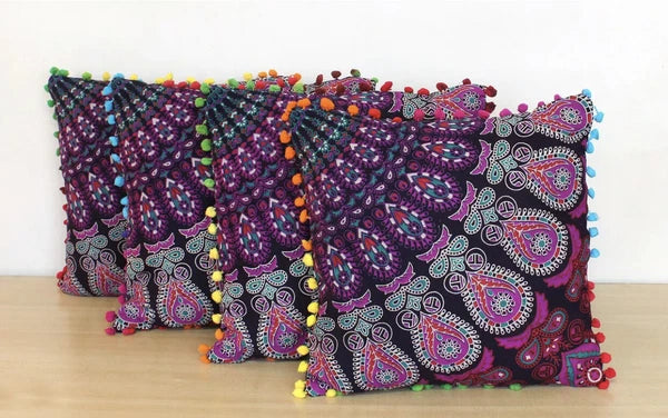 Mandala Square Pillowcase 16x16" Handmade Cotton Pom Pom Cushion Covers Sofa bed