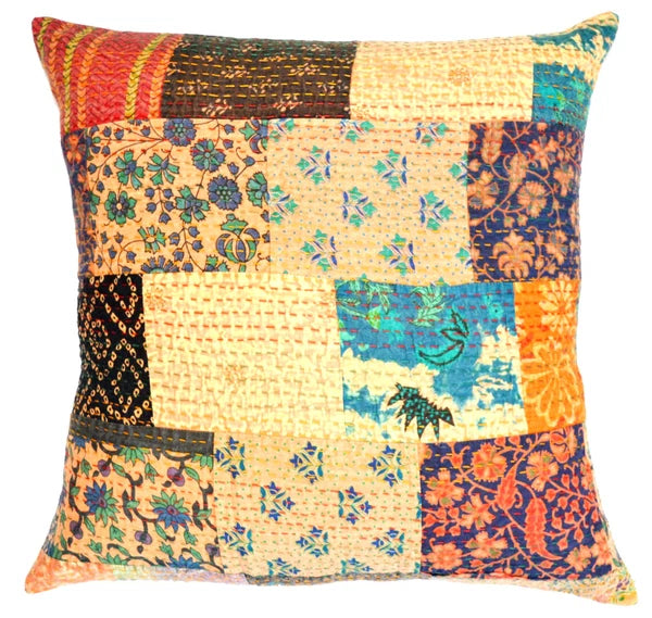 24" Large Indian Art Kantha Embroidered Patchwork Sofa Cushion/Pillow Cover