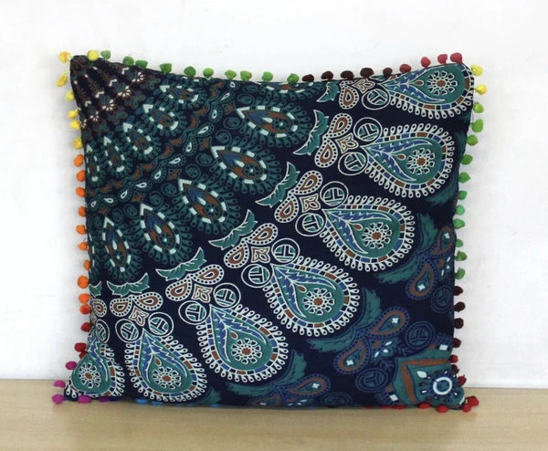 Mandala Square Pillowcase 16x16" Handmade Cotton Pom Pom Cushion Covers Sofa bed