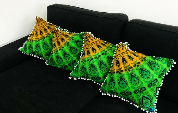 Mandala Square Pillowcase 16x16" Handmade Cotton Pom Pom Cushion Covers Sofa bed