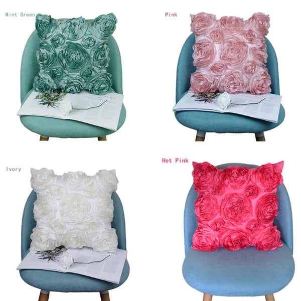 3D Flower Rose Pattern Linen Cushion Cover Pillowcase Sofa Decor Square 16.5”