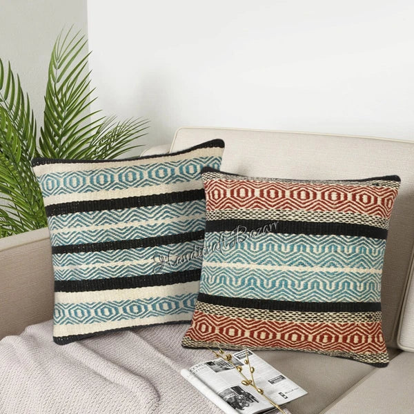 Rustic 2 Pc Kilim Cushion Cover Wool Jute Pillow Living Room Sofa Decor Boho Cas