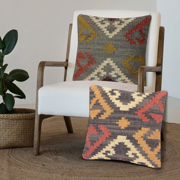 Handwoven Woll Jute Cushion Cover 18x18 Vinatge Sofa Pillow Case Kilim Chair Pad