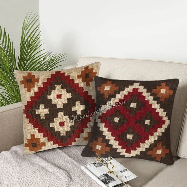 Hallway Docor Sofa Sham Pillowcase Indian Kilim Cushion Cover 2 Pc Wool jute 18"
