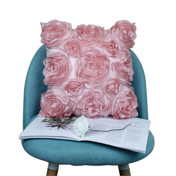 3D Flower Rose Pattern Linen Cushion Cover Pillowcase Sofa Decor Square 16.5”
