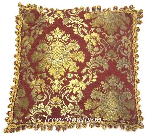 ITALIAN Venetian Sofa/Bed CUSHION/PILLOW CASE Jacquard Woven Red Gold Fringe New