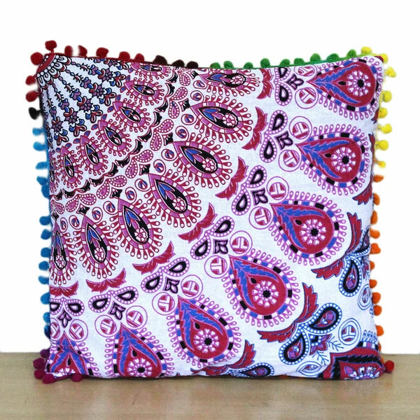 Mandala Square Pillowcase 16x16" Handmade Cotton Pom Pom Cushion Covers Sofa bed