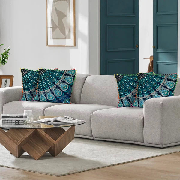 Mandala Square Pillowcase 16x16" Handmade Cotton Pom Pom Cushion Covers Sofa bed