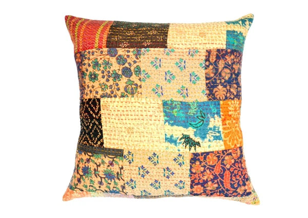 24" Large Indian Art Kantha Embroidered Patchwork Sofa Cushion/Pillow Cover