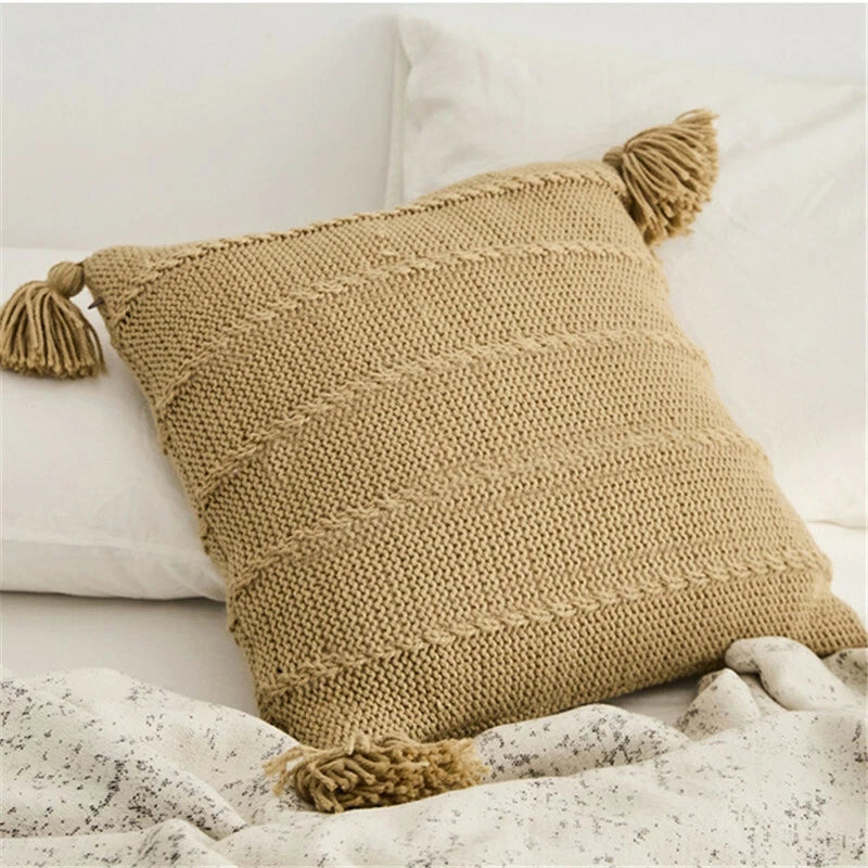Knitted Cushion Cover Thread Pillow Case Pom Pom Sofa Bedroom Waist Car Decor