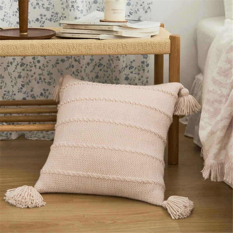 Knitted Thread Pom Pom Tassel Cushion Cover Pillow Case Sofa Bed Pillowcase 45cm