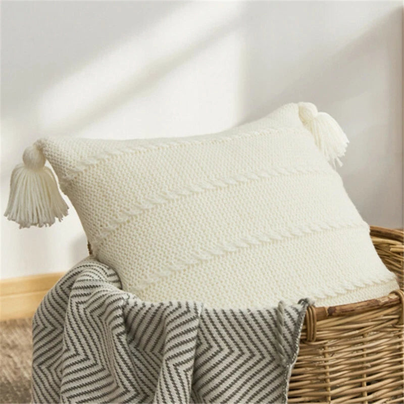 Knitted Cushion Cover Thread Pillow Case Pom Pom Sofa Bedroom Waist Car Decor