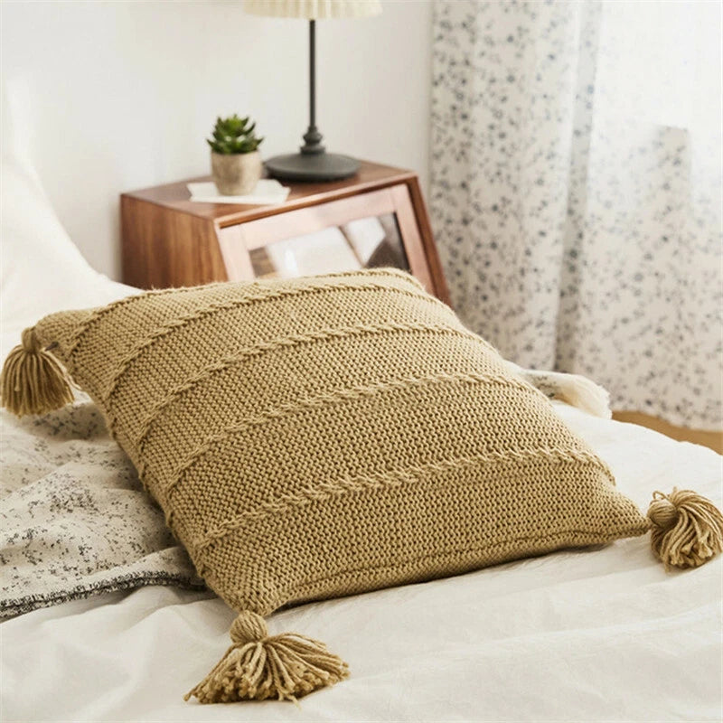 Knitted Thread Pom Pom Tassel Cushion Cover Pillow Case Sofa Bed Pillowcase 45cm