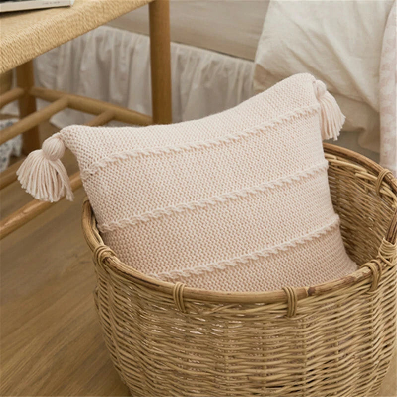 Knitted Thread Pom Pom Tassel Cushion Cover Pillow Case Sofa Bed Pillowcase 45cm