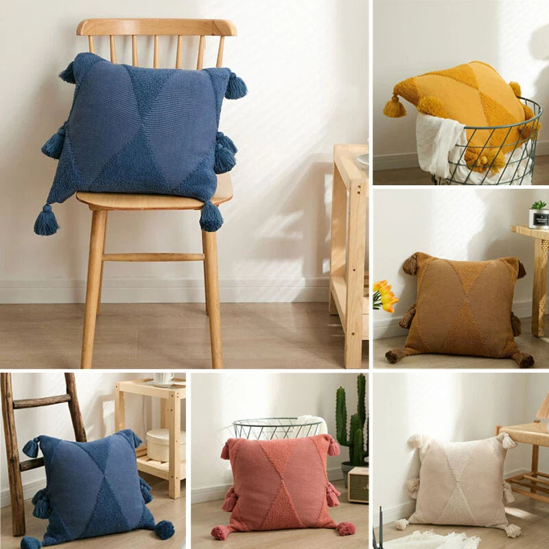 Knitted Cushion Cover Tassel Pom Pom Pillowcase Square Pillows Covers Sofa Bed