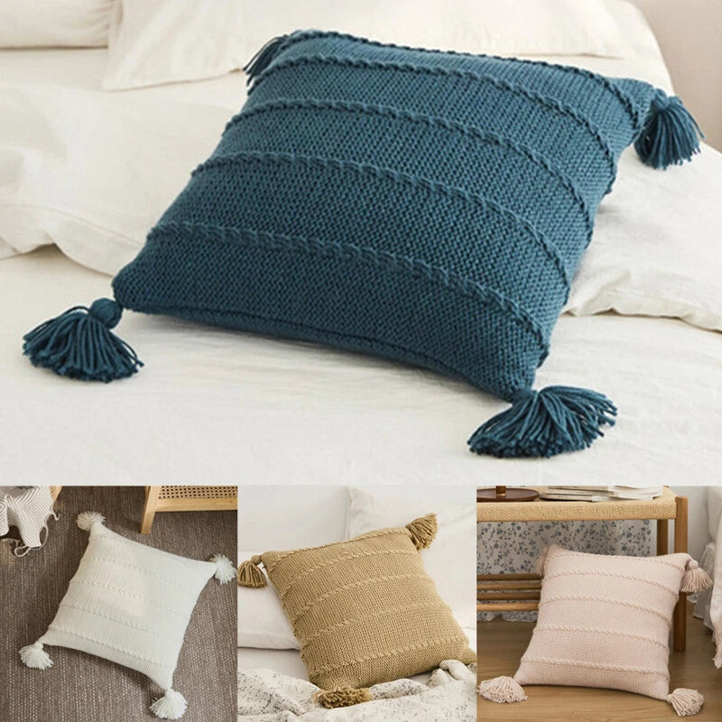 Knitted Thread Pom Pom Tassel Cushion Cover Pillow Case Sofa Bed Pillowcase 45cm