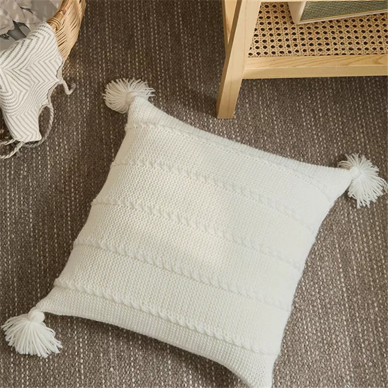 Knitted Cushion Cover Thread Pillow Case Pom Pom Sofa Bedroom Waist Car Decor