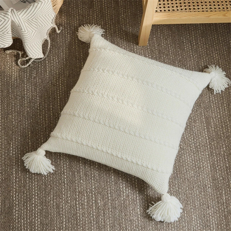Knitted Cushion Cover Thread Pillow Case Pom Pom Sofa Bedroom Waist Car Decor