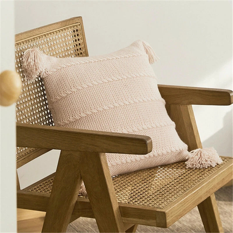 Knitted Cushion Cover Thread Pillow Case Pom Pom Sofa Bedroom Waist Car Decor