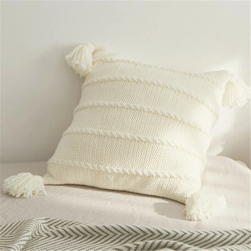 Knitted Cushion Cover Thread Pillow Case Pom Pom Sofa Bedroom Waist Car Decor