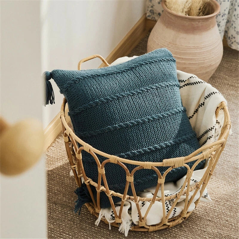 Knitted Cushion Cover Thread Pillow Case Pom Pom Sofa Bedroom Waist Car Decor