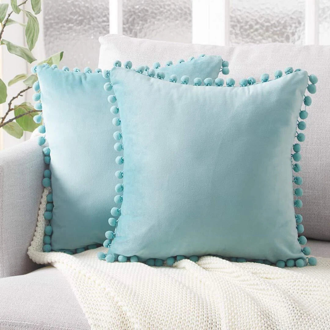 Pom Pom Velvet Cushion Covers Soft Sofa Bed Pillow Cases Home Decor 18" x 18"