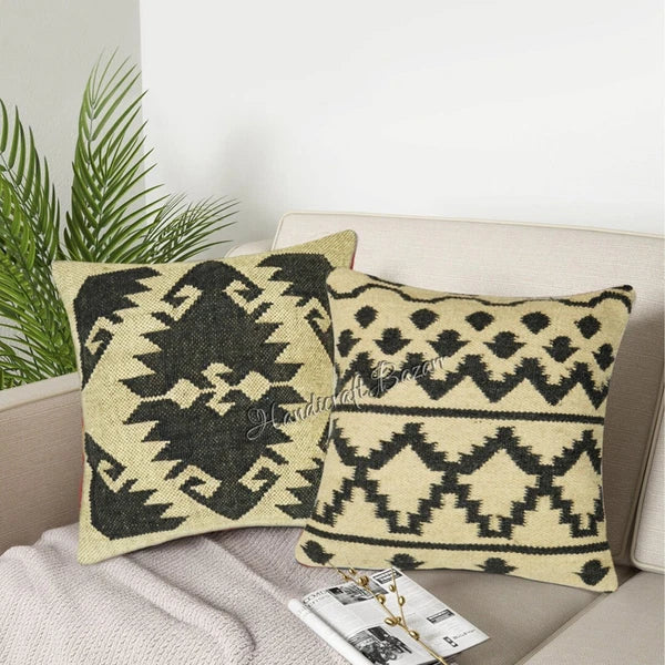 Hallway Docor Sofa Sham Pillowcase Indian Kilim Cushion Cover 2 Pc Wool jute 18"