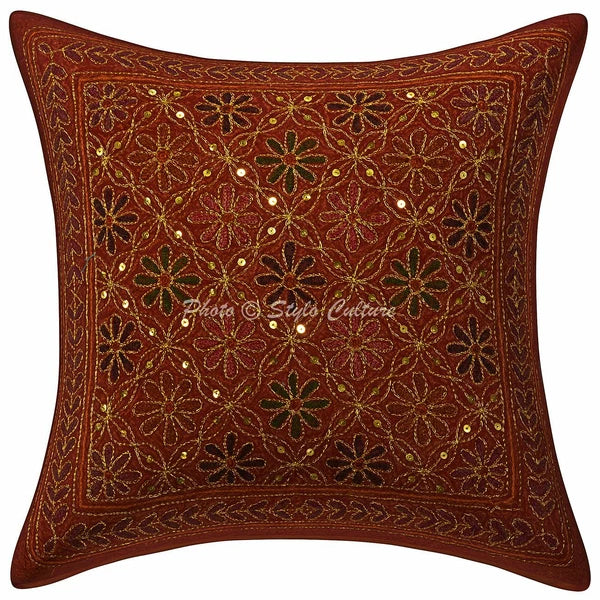 Indian Zari Embroidered Cotton Throw Cushion Cover Floral Sofa Pillowcase Boho