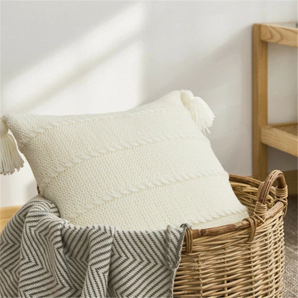 Knitted Cushion Cover Thread Pillow Case Pom Pom Sofa Bedroom Waist Car Decor