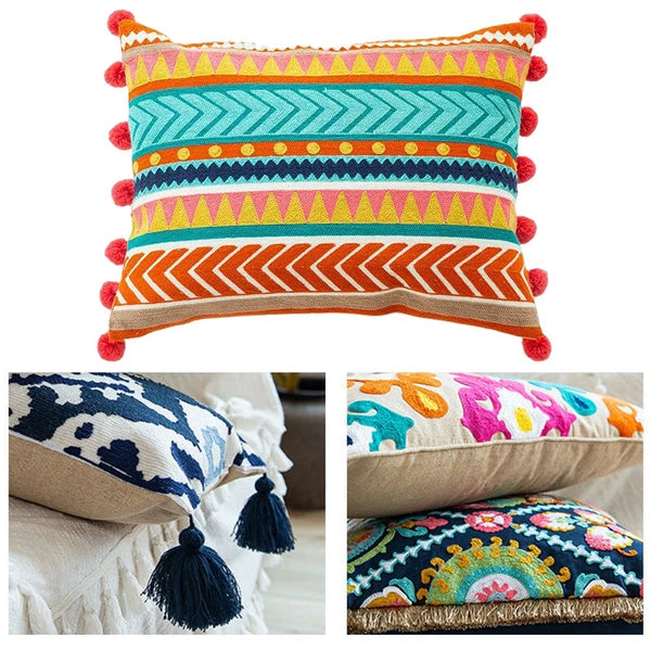 Bohemian Throw Pillowcase Cotton Embroidery Sofa Cushion Cover Decor Vintage