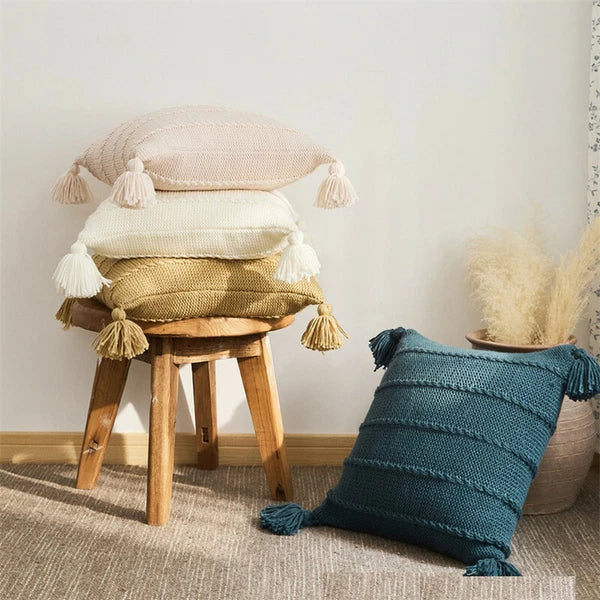 Knitted Cushion Cover Thread Pillow Case Pom Pom Sofa Bedroom Waist Car Decor